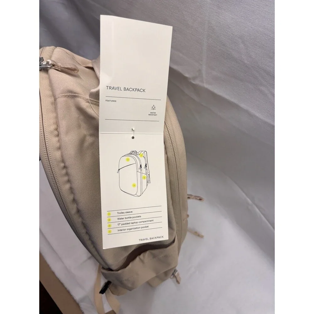 All In Motion Travel Backpack Laptop Bag 17” Beige Water Resistant Carry On NWT